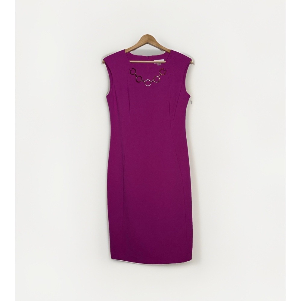 Calvin Klein Sleeveless Sheath Dress Size 6 Knee Length Pink Gold Neck Detail